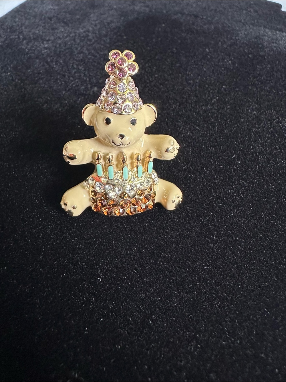 Gold Teddy Bear Birthday Brooch Pin with Pink and Turquoise Accents EUC